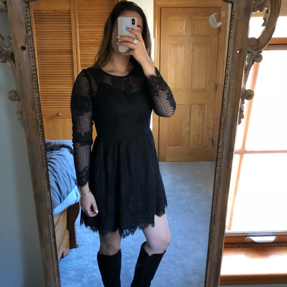 Black eyelete lace long sleeve dress